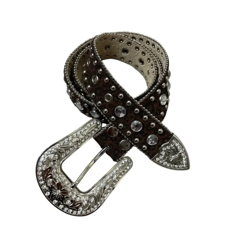 Y2K Cheetah Print Studded Leather Belt Big Buckle Statement M